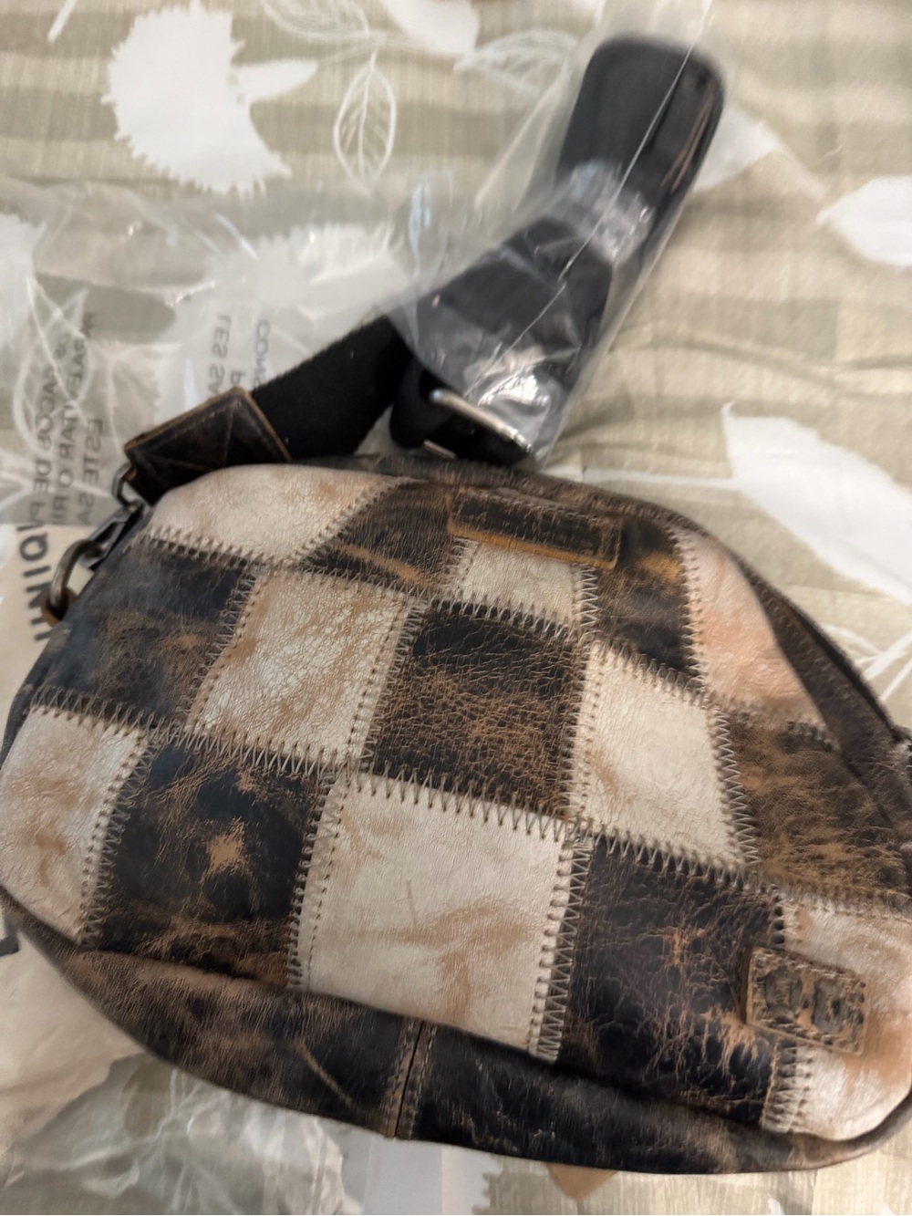 BED|STU Black & Cream Distressed Check Oval Crossbody - Picture 7 of 8